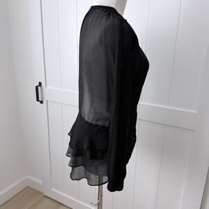 Clu Black Silk Chiffon Back Peplum Cardigan Top XS Sheer Ruffle Layered Metallic